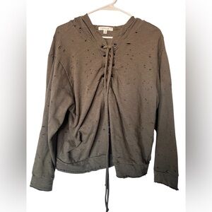 Olive Distressed Lace-Up Hoodie